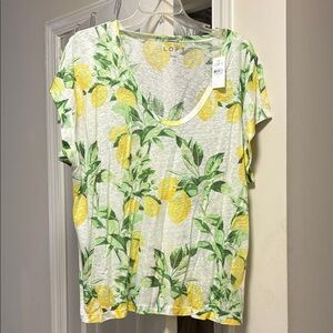 NWT LOFT Lemon Print Linen Short Sleeve Top Size L Large
